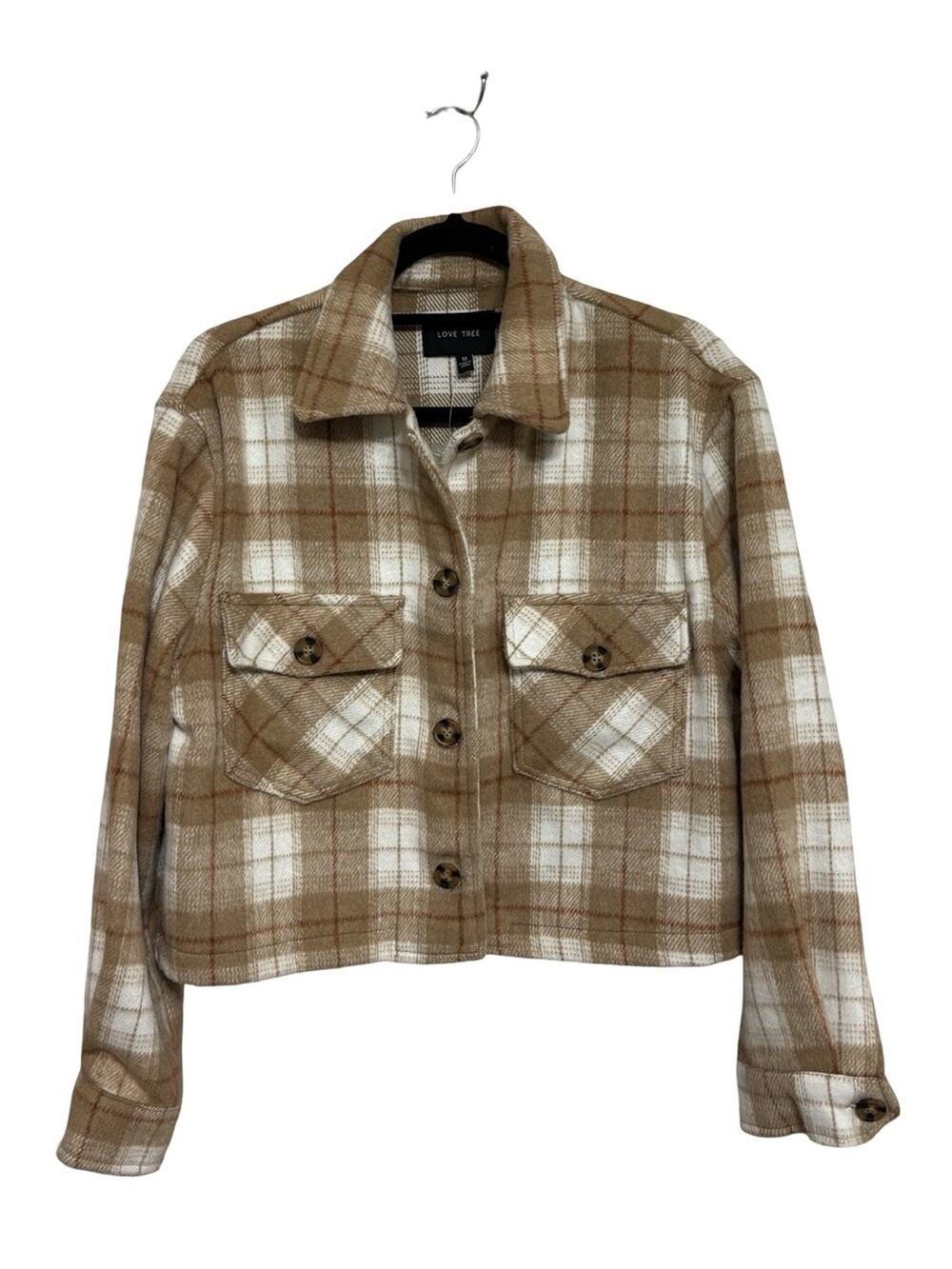 NEW Fall Plaid Cropped Button Down Shacket in Ivory/Tan Clay - Size M